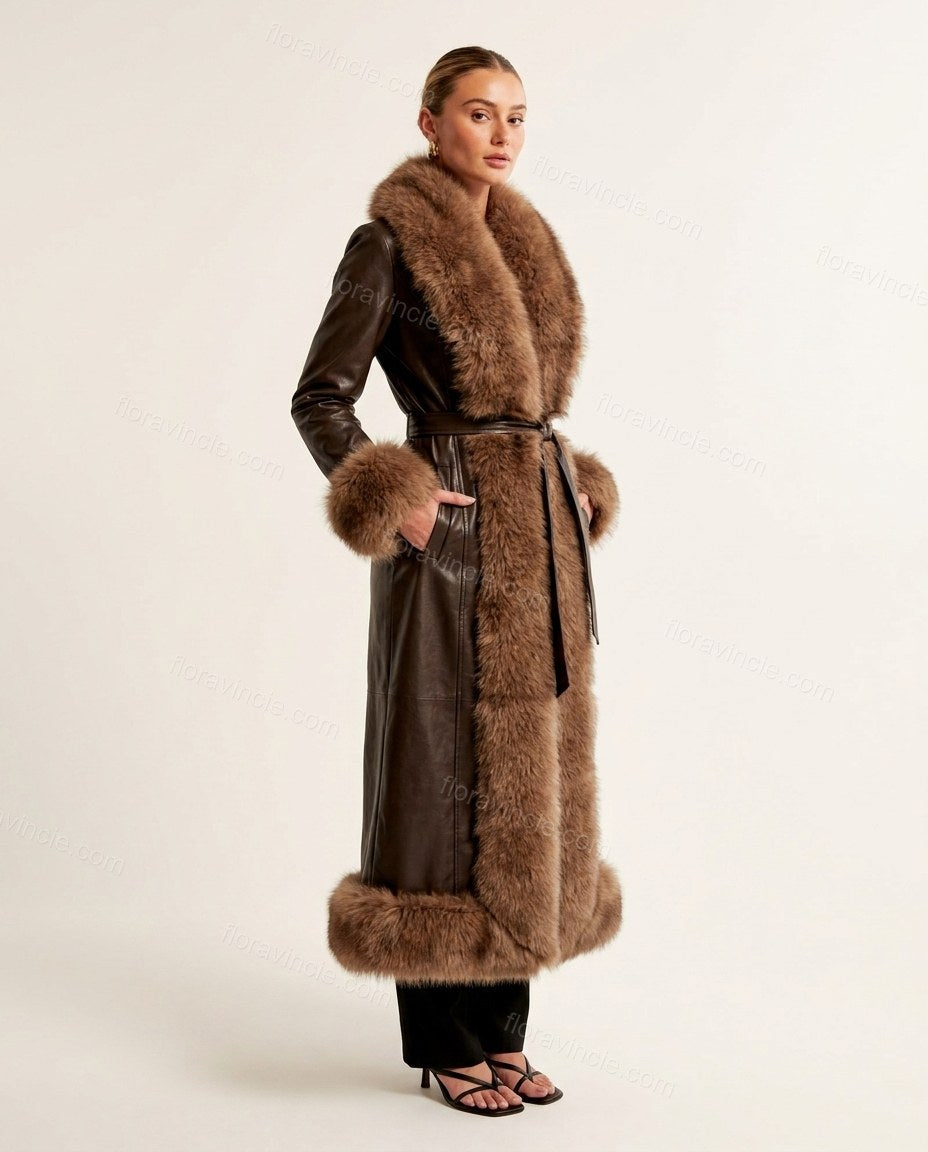 Dark Brown Faux-Fur Coat, side and back studio view, by Floravincie