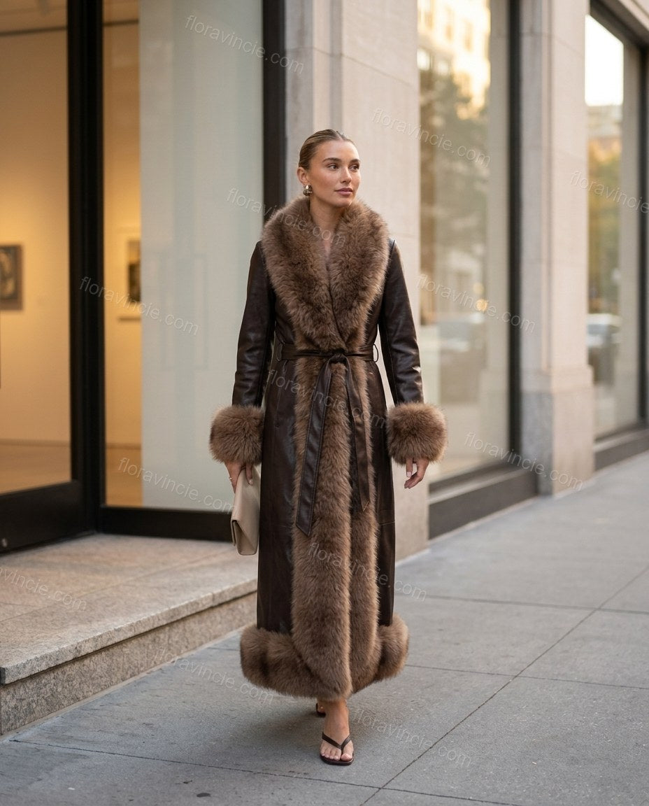 Dark Brown Faux-Fur Coat, movement and fit lifestyle view, by Floravincie
