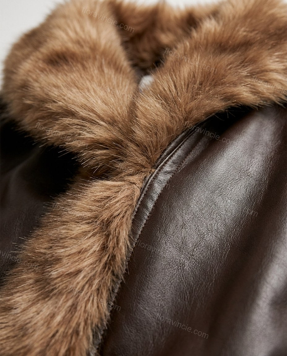 Dark Brown Faux-Fur Coat, close-up of light brown and tan accents, fur trim and self-tie belt, by Floravincie