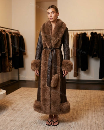 Dark Brown Faux-Fur Coat, full-length hero view, by Floravincie