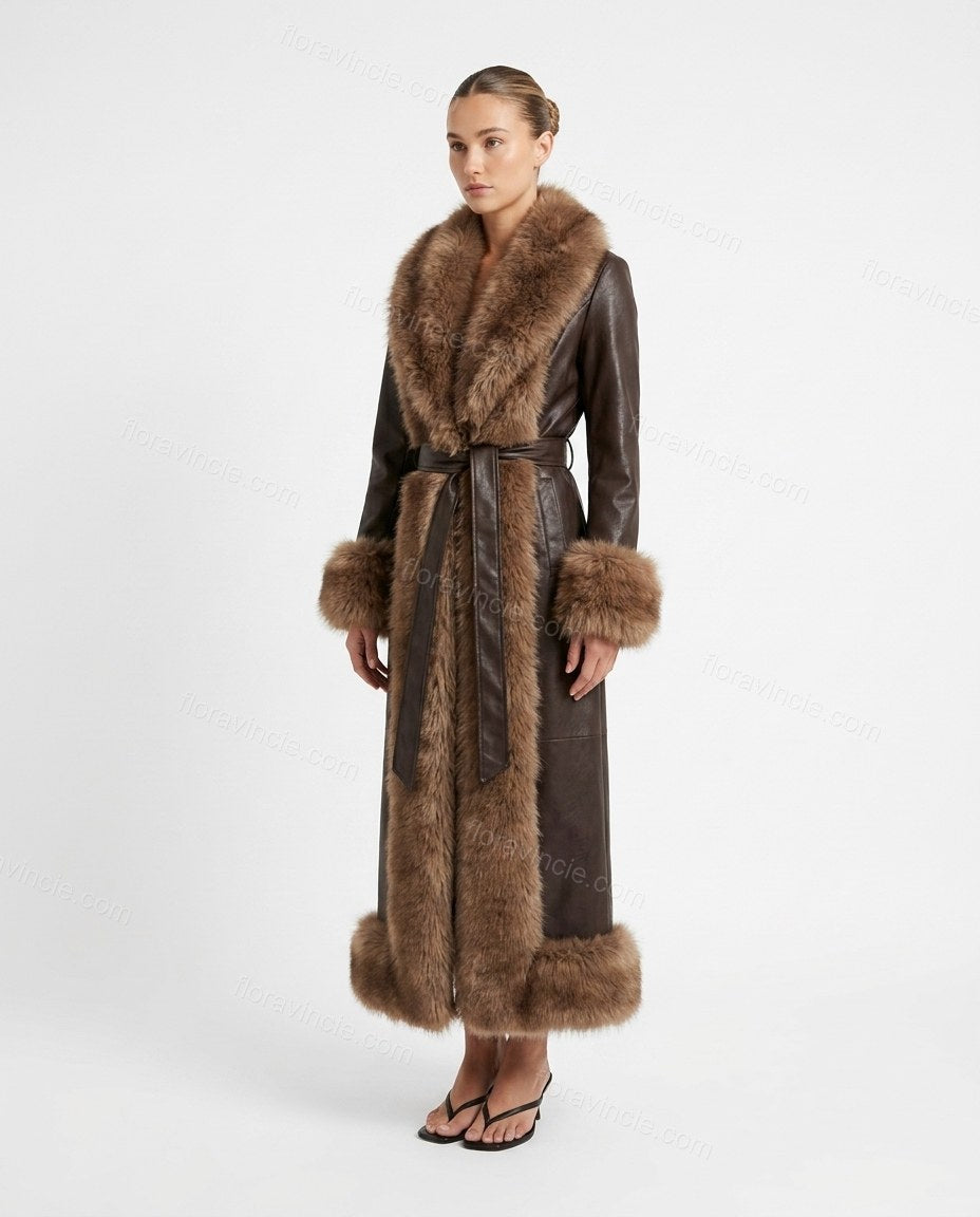 Dark Brown Faux-Fur Coat, front studio view, by Floravincie