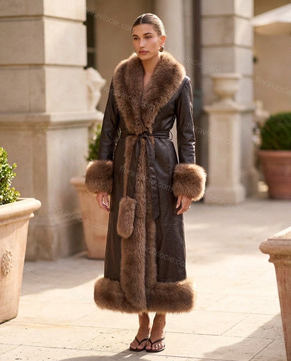 Dark Brown Faux-Fur Coat, three-quarter brand lifestyle view, by Floravincie