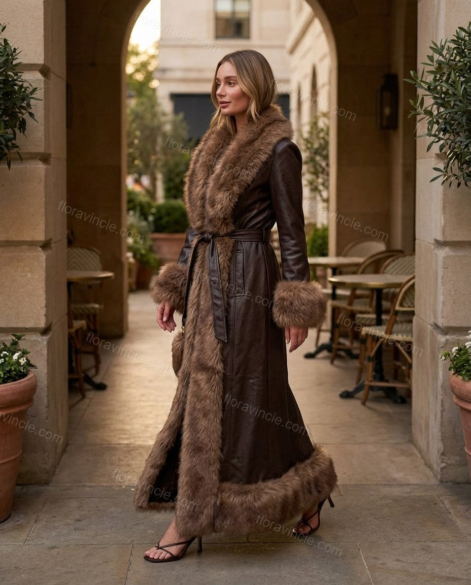 Dark Brown Faux-Fur Coat, walking lifestyle view, by Floravincie