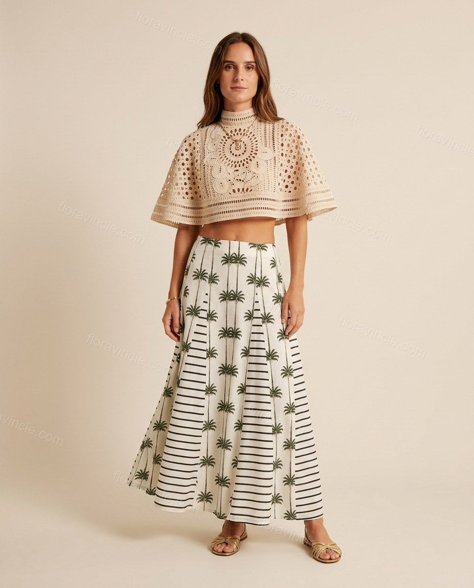 White Striped Maxi Eyelet Top & Skirt Set, full-length hero view, by Floravincie