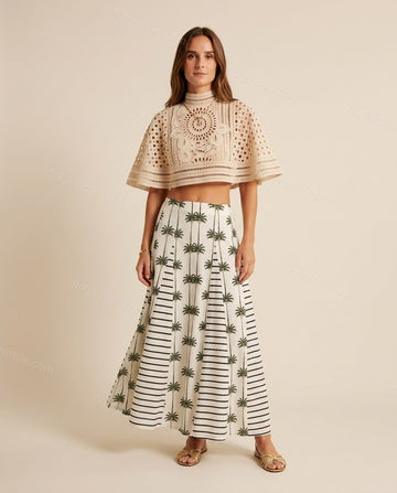 White Striped Maxi Eyelet Top & Skirt Set, full-length hero view, by Floravincie