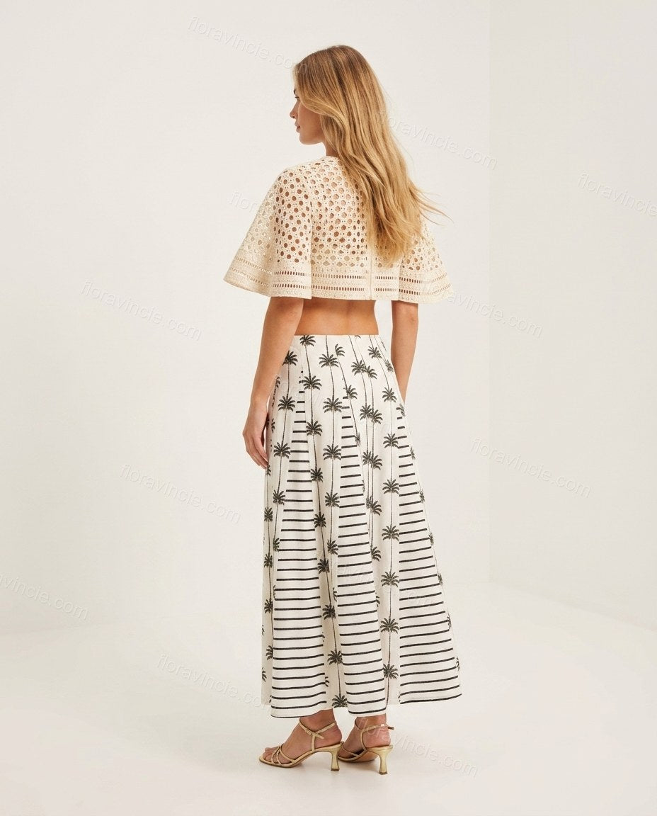 White Striped Maxi Eyelet Top & Skirt Set, back studio view, by Floravincie