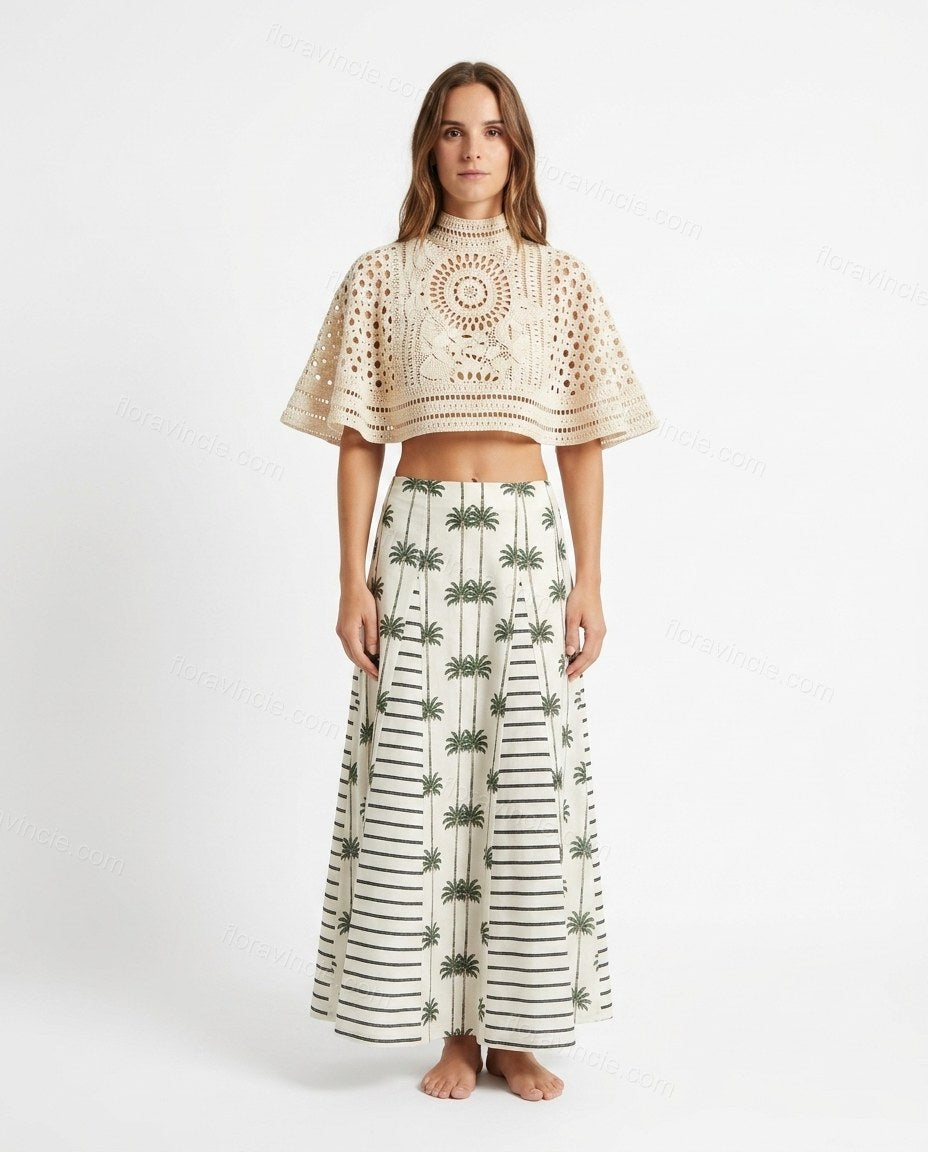 White Striped Maxi Eyelet Top & Skirt Set, front studio view, by Floravincie
