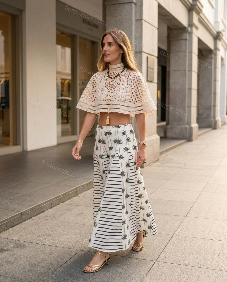 White Striped Maxi Eyelet Top & Skirt Set, movement and fit lifestyle view, by Floravincie