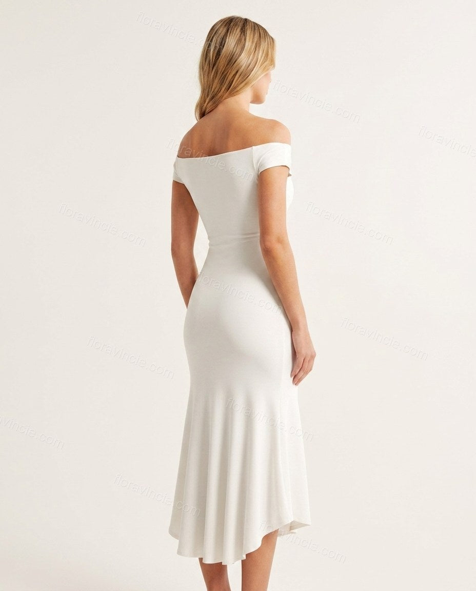 White Off-Shoulder Knit Dress, back studio view showing smooth back panel with no visible closures, by Floravincie