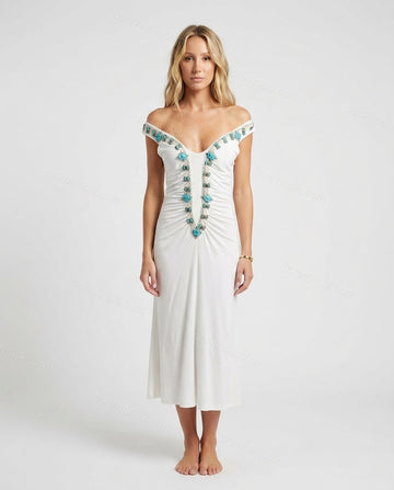 White Off-Shoulder Knit Dress, full-length hero view, by Floravincie