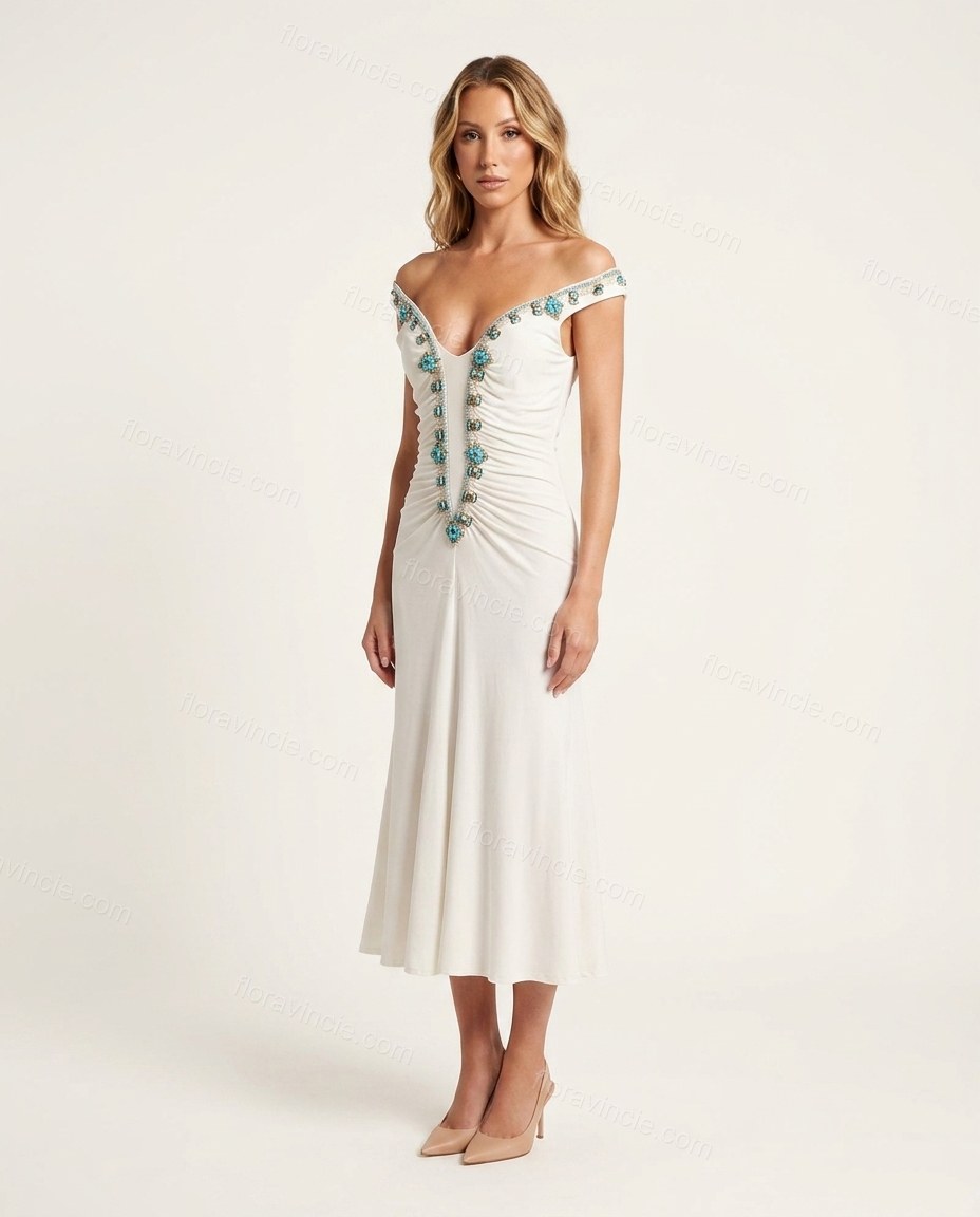 White Off-Shoulder Knit Dress, front studio view, by Floravincie