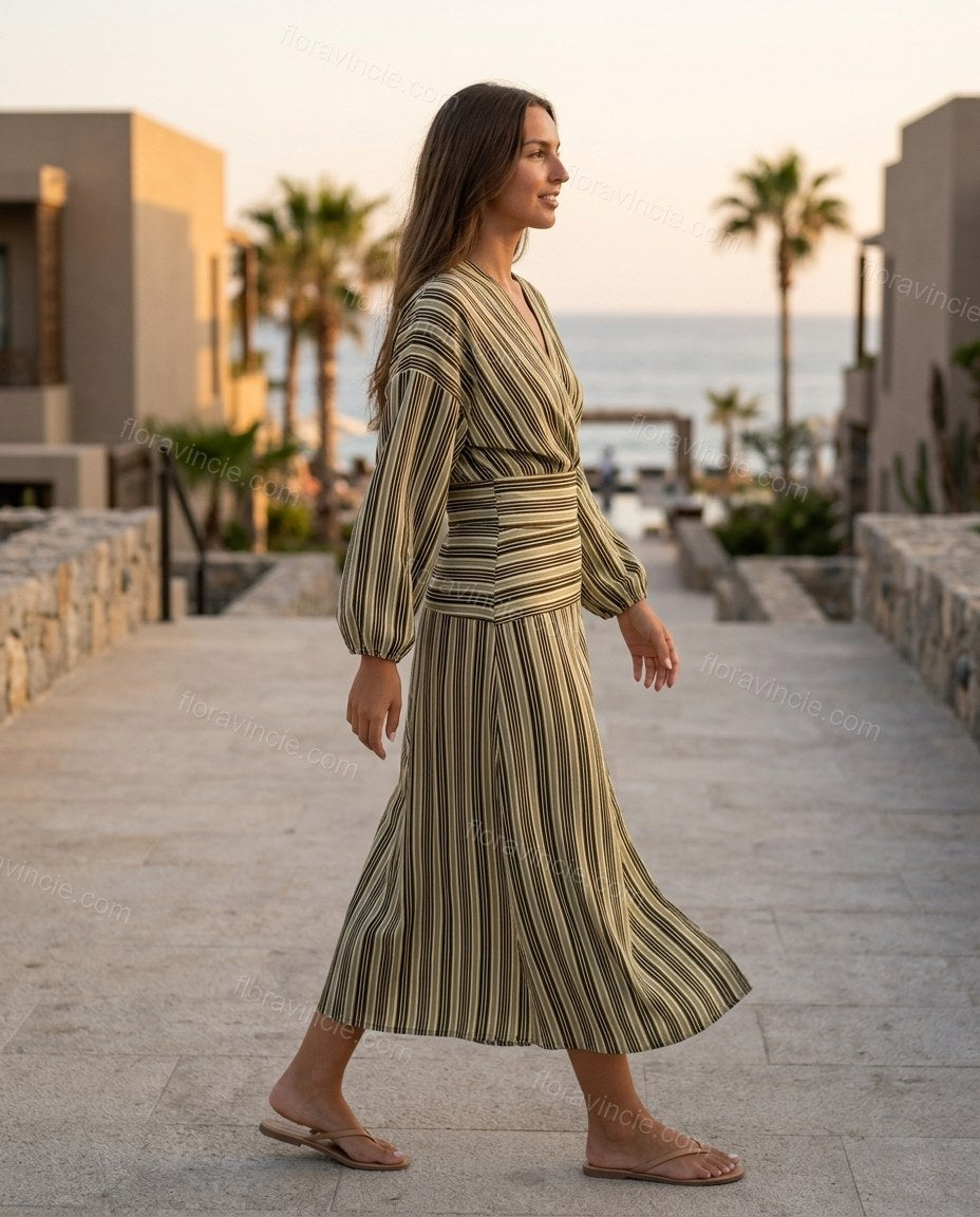 Black Striped Midi Dress, walking lifestyle view, by Floravincie