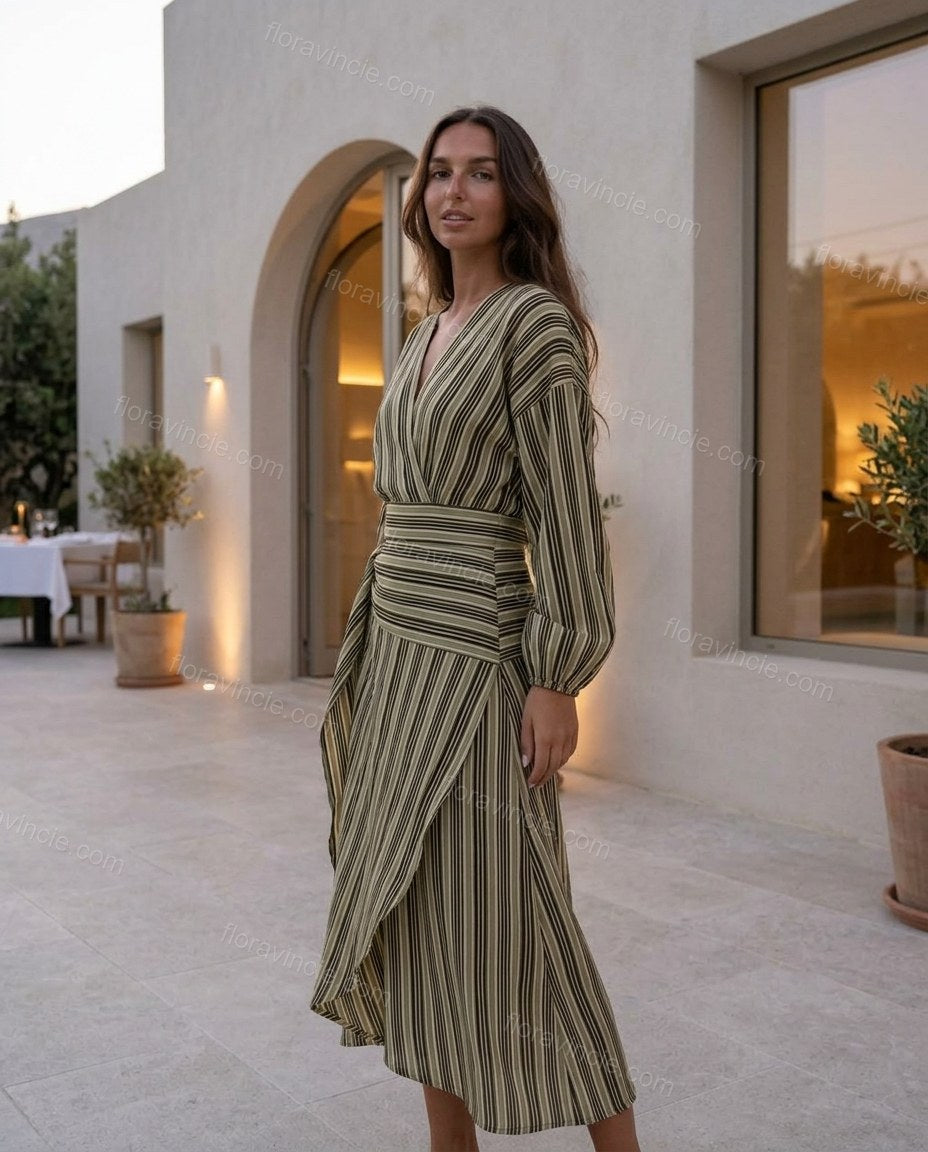 Black Striped Midi Dress, three-quarter brand lifestyle view, by Floravincie