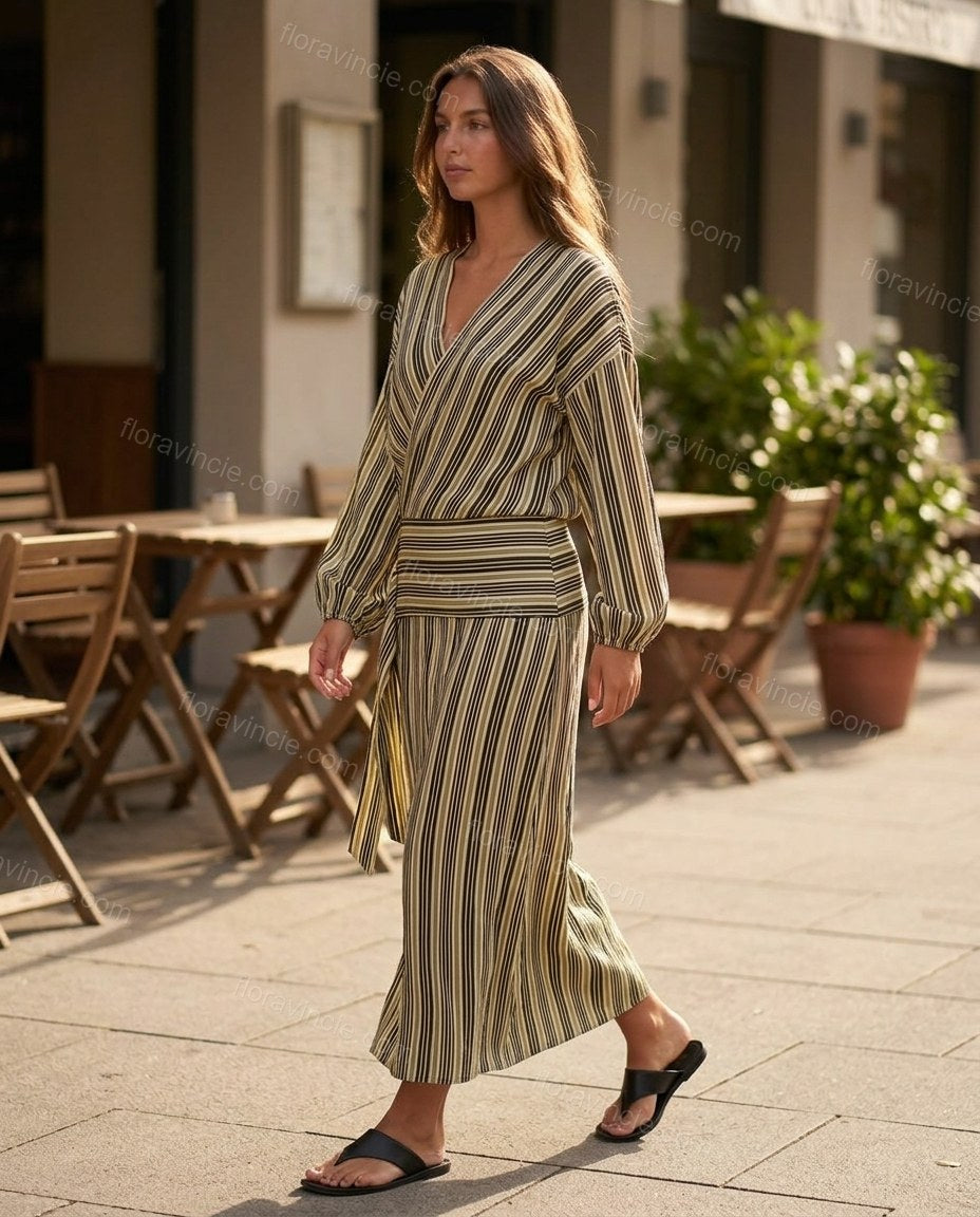 Black Striped Midi Dress, movement and fit lifestyle view, by Floravincie