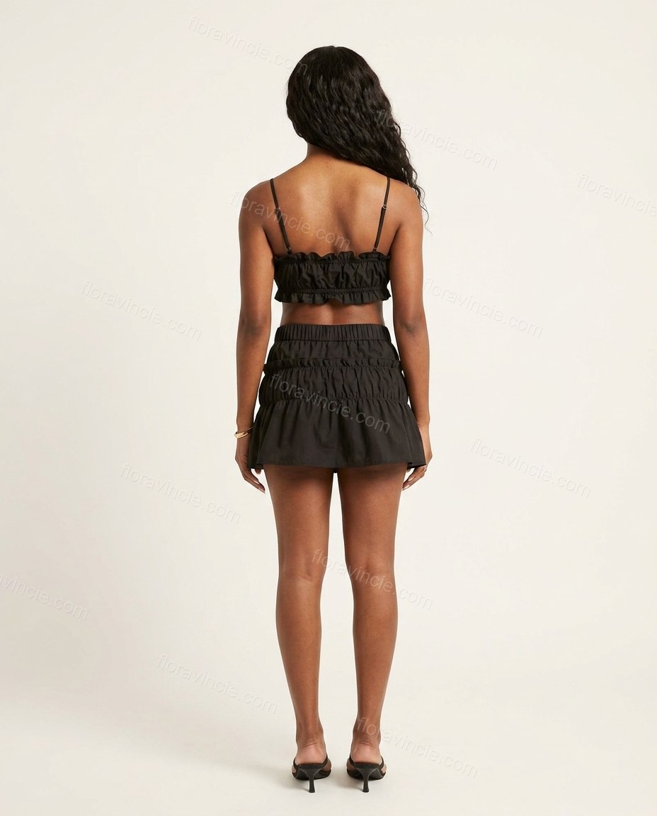 Black Mini Ruffled Tiered Top & Skirt Set, back studio view, by Floravincie
