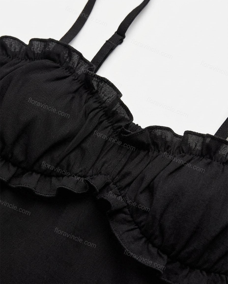 Black Mini Ruffled Tiered Top & Skirt Set, close-up of ruffles, spaghetti straps and ruched bust, by Floravincie