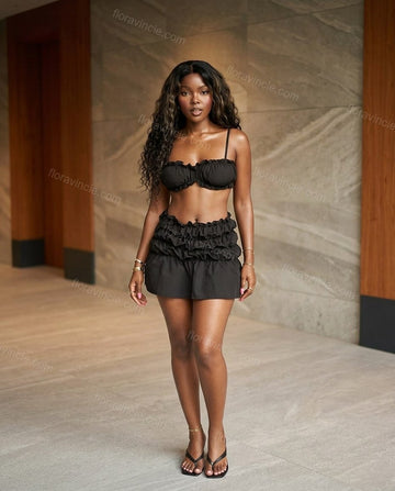 Black Mini Ruffled Tiered Top & Skirt Set, full-length hero view, by Floravincie