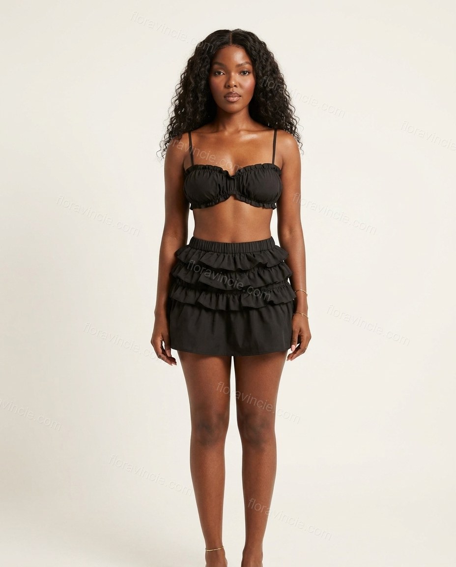 Black Mini Ruffled Tiered Top & Skirt Set, front studio view, by Floravincie