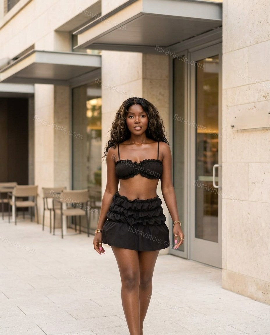 Black Mini Ruffled Tiered Top & Skirt Set, three-quarter brand lifestyle view, by Floravincie