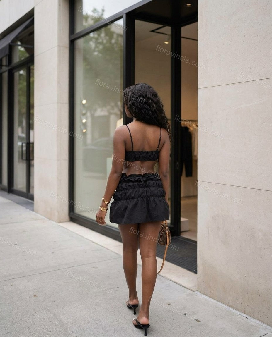 Black Mini Ruffled Tiered Top & Skirt Set, alternate use-case lifestyle view, by Floravincie