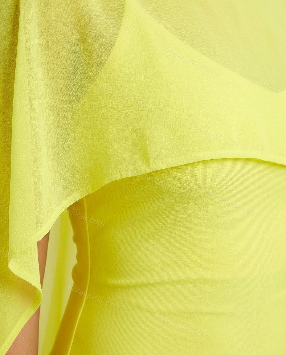 Yellow Cape Shorts Set, close-up of attached cape overlay, sheer cape overlay and fitted silhouette, by Floravincie