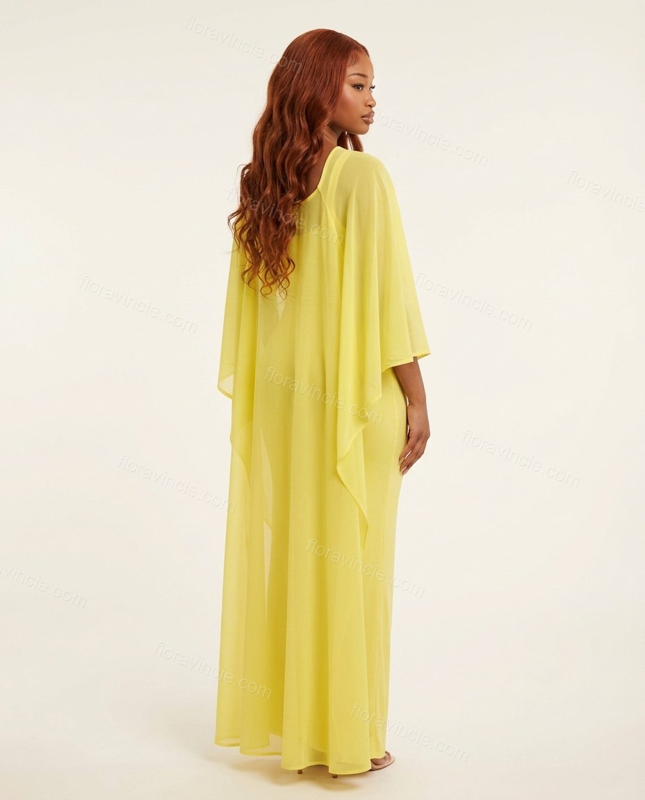 Yellow Cape Shorts Set, back studio view showing sheer cape overlay with fitted dress underneath, by Floravincie