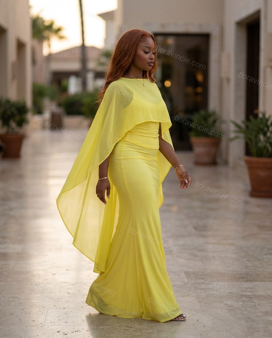 Yellow Cape Shorts Set, walking lifestyle view, by Floravincie