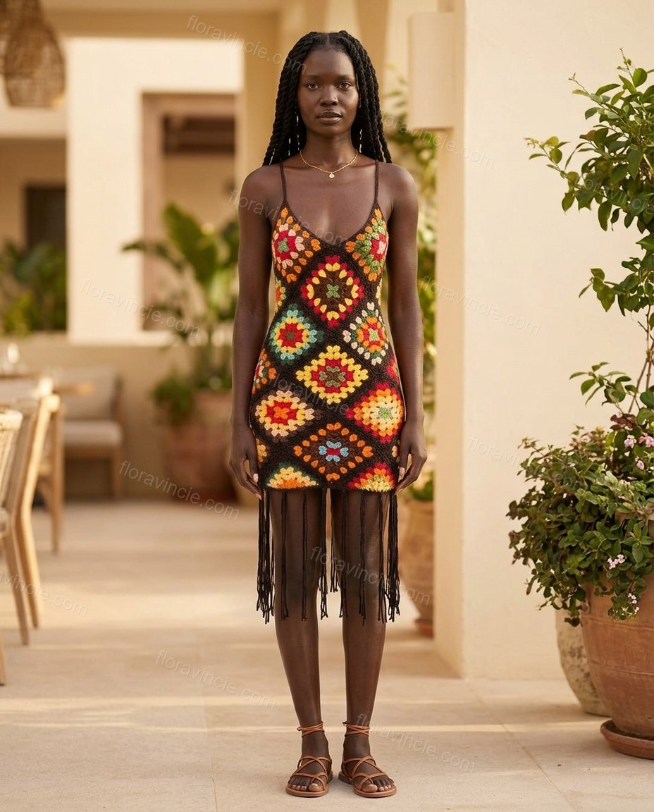 Black Mini Open-Back Fringe Dress, full-length hero view, by Floravincie