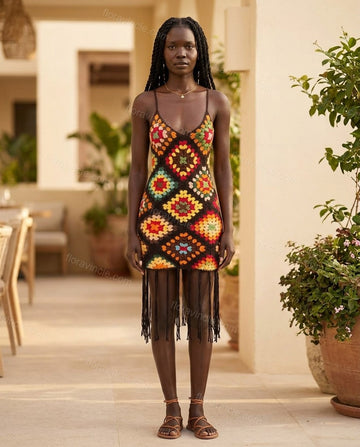 Black Mini Open-Back Fringe Dress, full-length hero view, by Floravincie