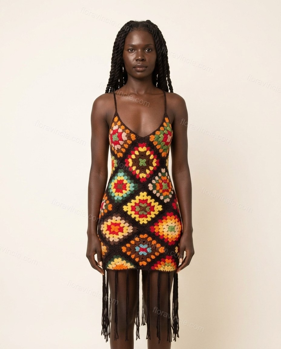 Black Mini Open-Back Fringe Dress, front studio view, by Floravincie