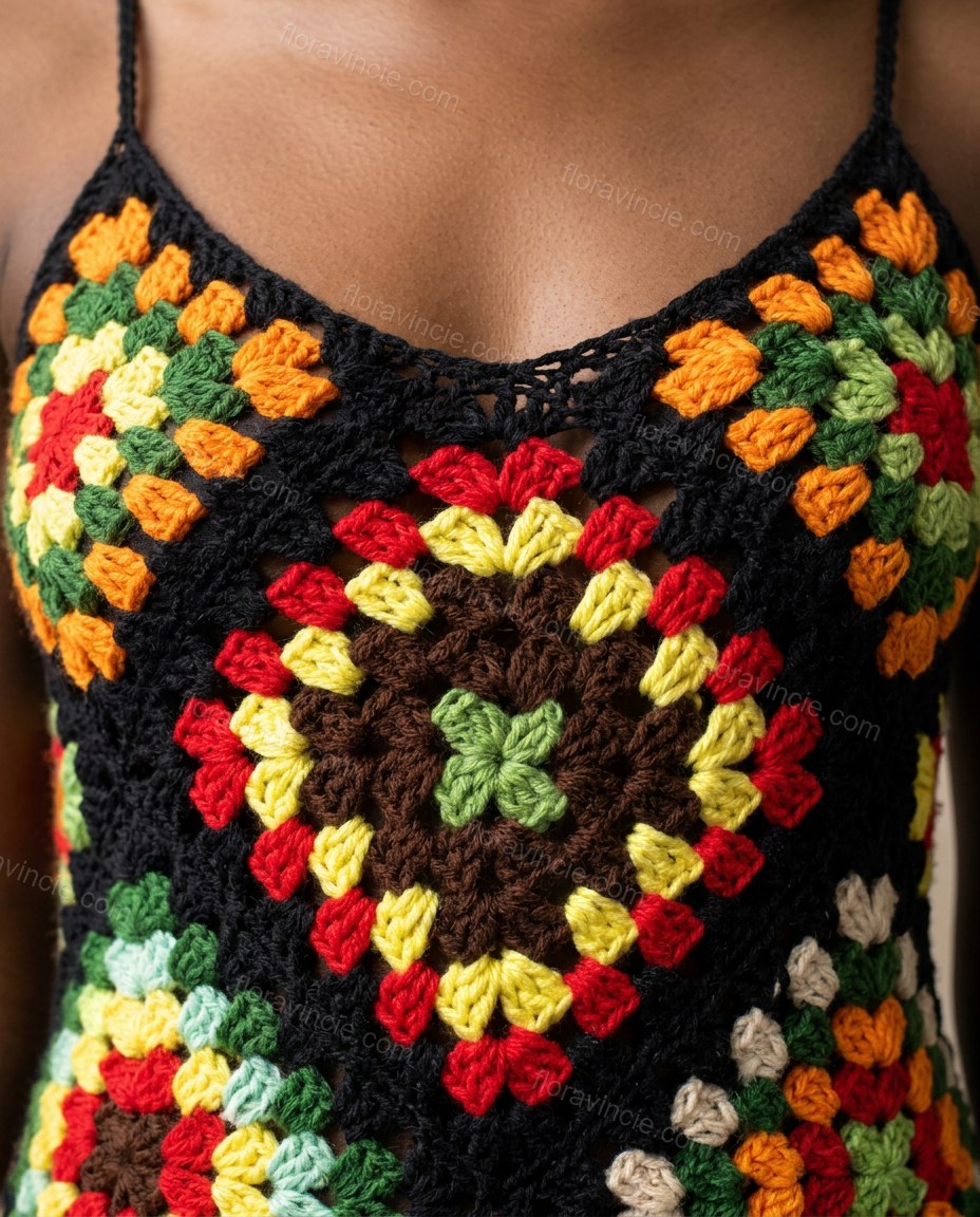 Black Mini Open-Back Fringe Dress, close-up of yellow and red accents, fringe hem and open back, by Floravincie