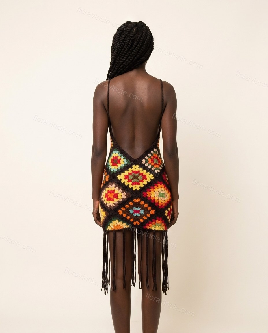 Black Mini Open-Back Fringe Dress, back studio view showing open back with crochet strap construction, by Floravincie