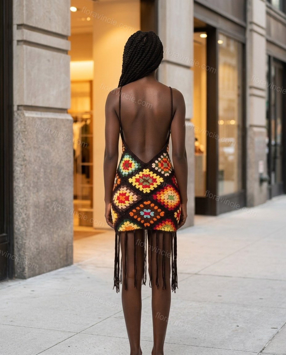 Black Mini Open-Back Fringe Dress, alternate use-case lifestyle view, by Floravincie