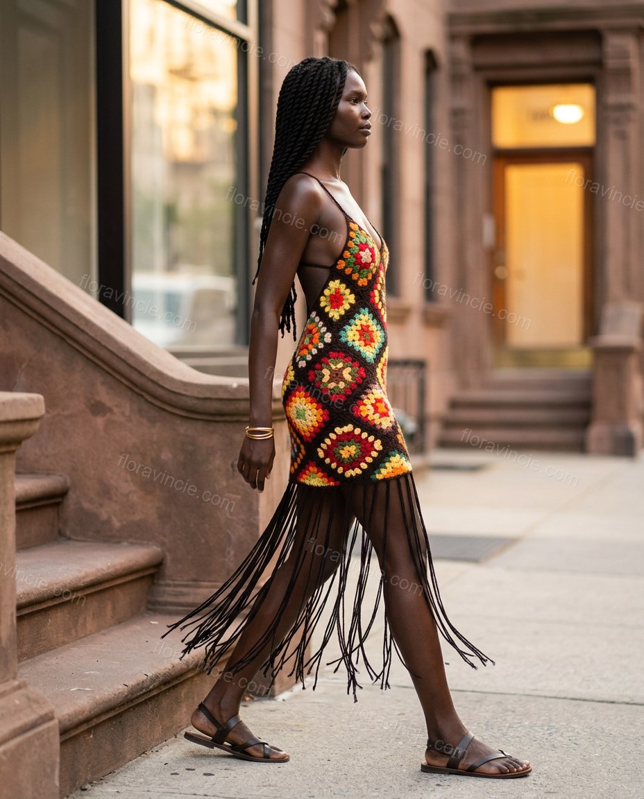 Black Mini Open-Back Fringe Dress, walking lifestyle view, by Floravincie