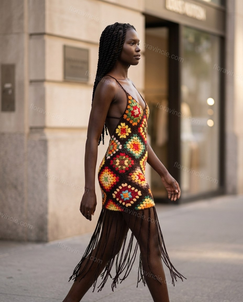 Black Mini Open-Back Fringe Dress, movement and fit lifestyle view, by Floravincie
