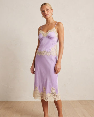 Lavender Midi Satin Lace Dress, full-length hero view, by Floravincie
