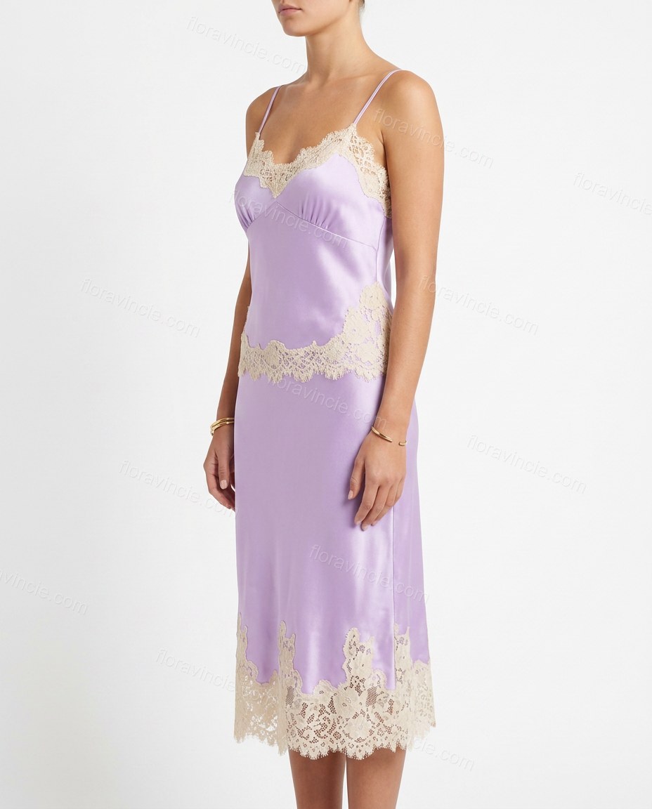 Lavender Midi Satin Lace Dress, side and back studio view showing not visible, by Floravincie