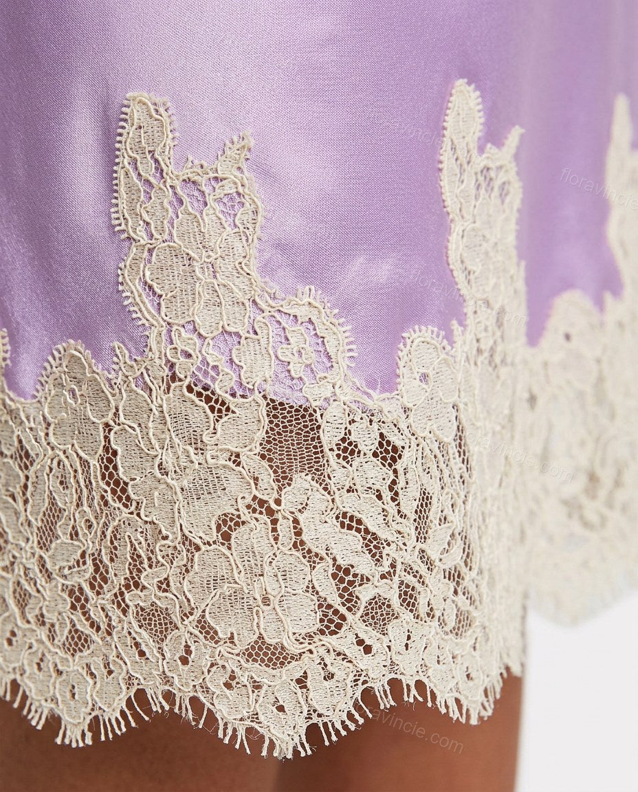 Lavender Midi Satin Lace Dress, close-up of cream accents, lace trim and spaghetti straps, by Floravincie