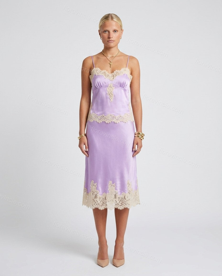 Lavender Midi Satin Lace Dress, front studio view, by Floravincie