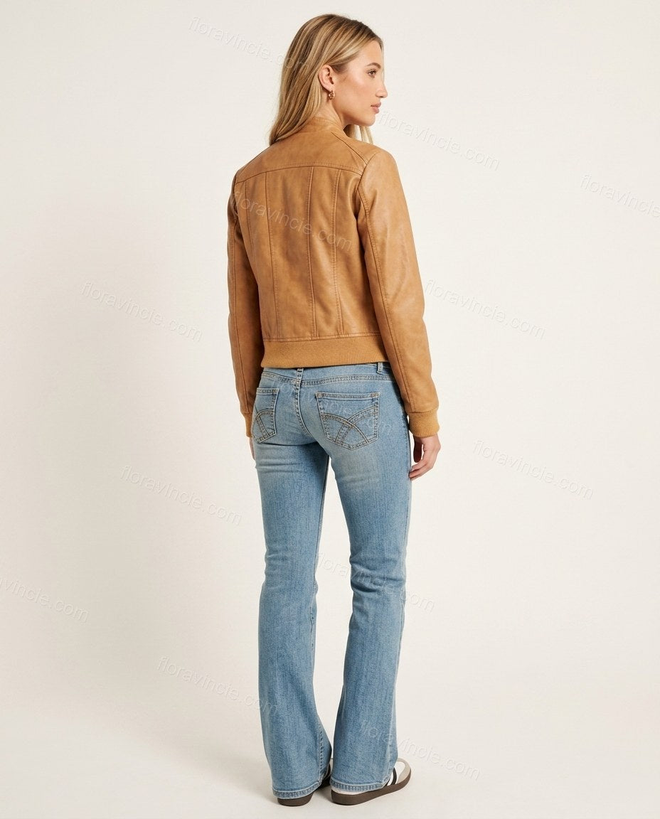 Light Blue Denim Ribbed Outerwear, back studio view showing vertical back paneling with ribbed hem, by Floravincie