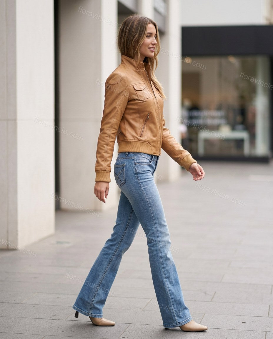 Light Blue Denim Ribbed Outerwear, movement and fit lifestyle view, by Floravincie