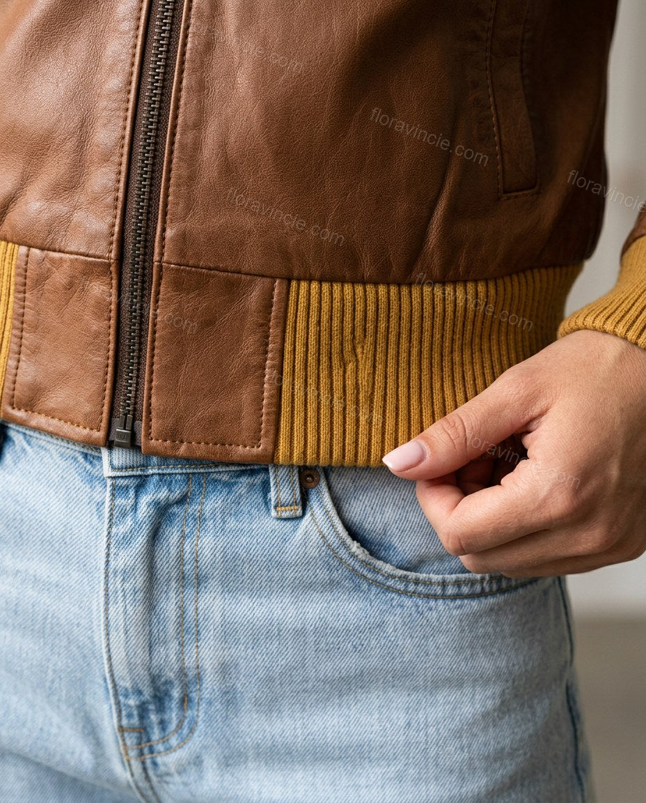 Light Blue Denim Ribbed Outerwear, close-up of white and brown accents, belt loops and zipper fly, by Floravincie