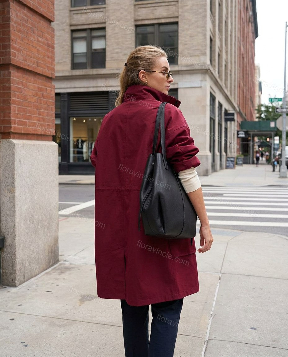 Burgundy Jacket, movement and fit lifestyle view, by Floravincie