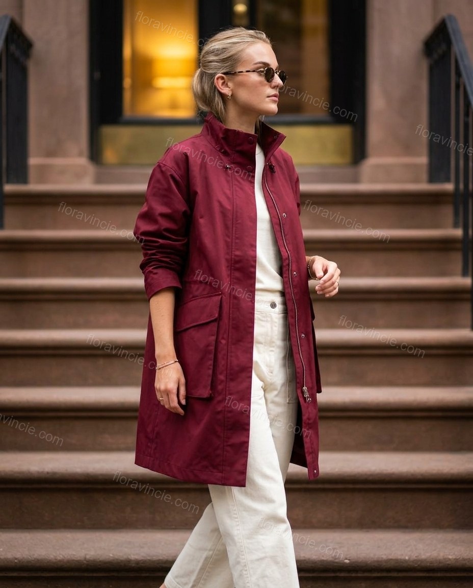 Burgundy Jacket, walking lifestyle view, by Floravincie