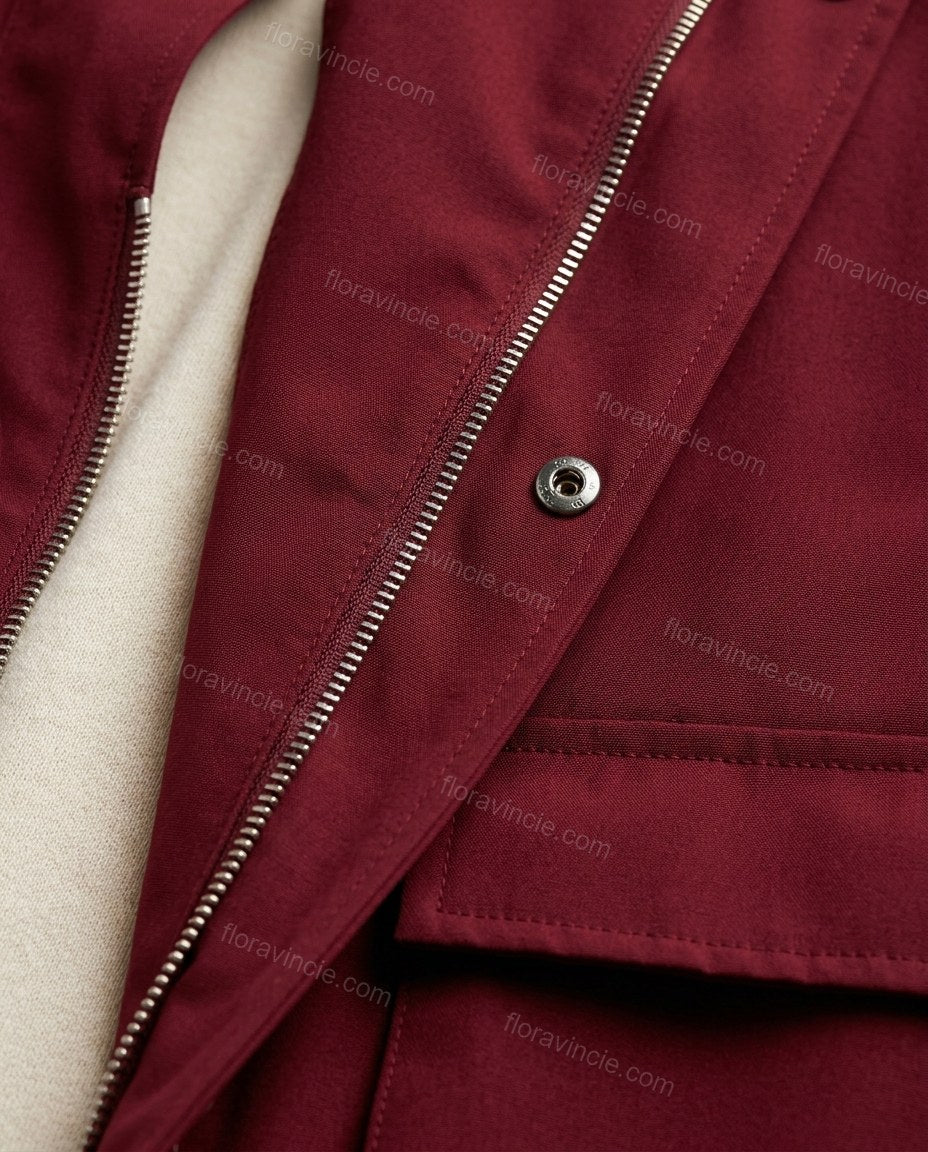 Burgundy Jacket, close-up of cream accents, front zipper closure and snap button placket, by Floravincie