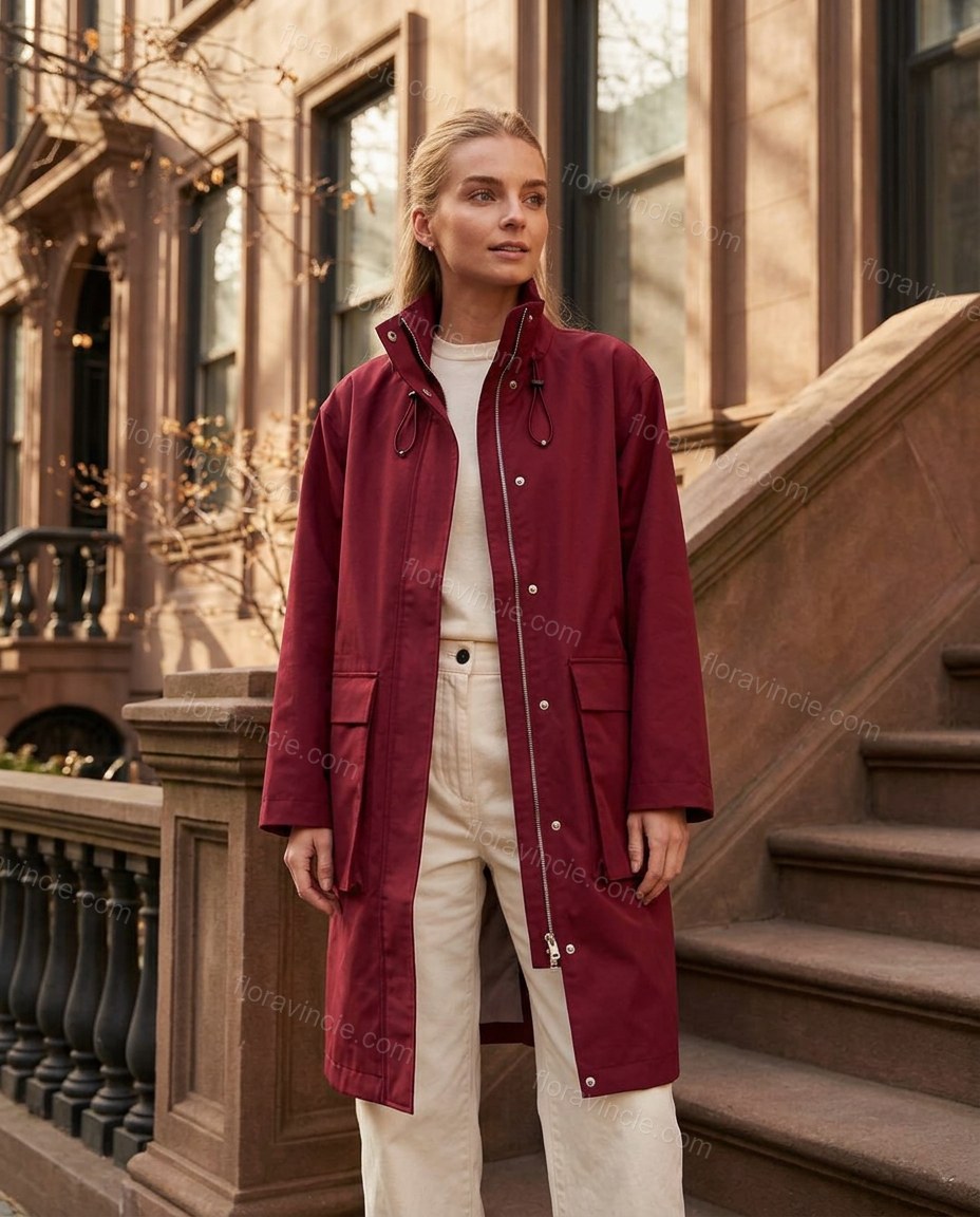 Burgundy Jacket, three-quarter brand lifestyle view, by Floravincie