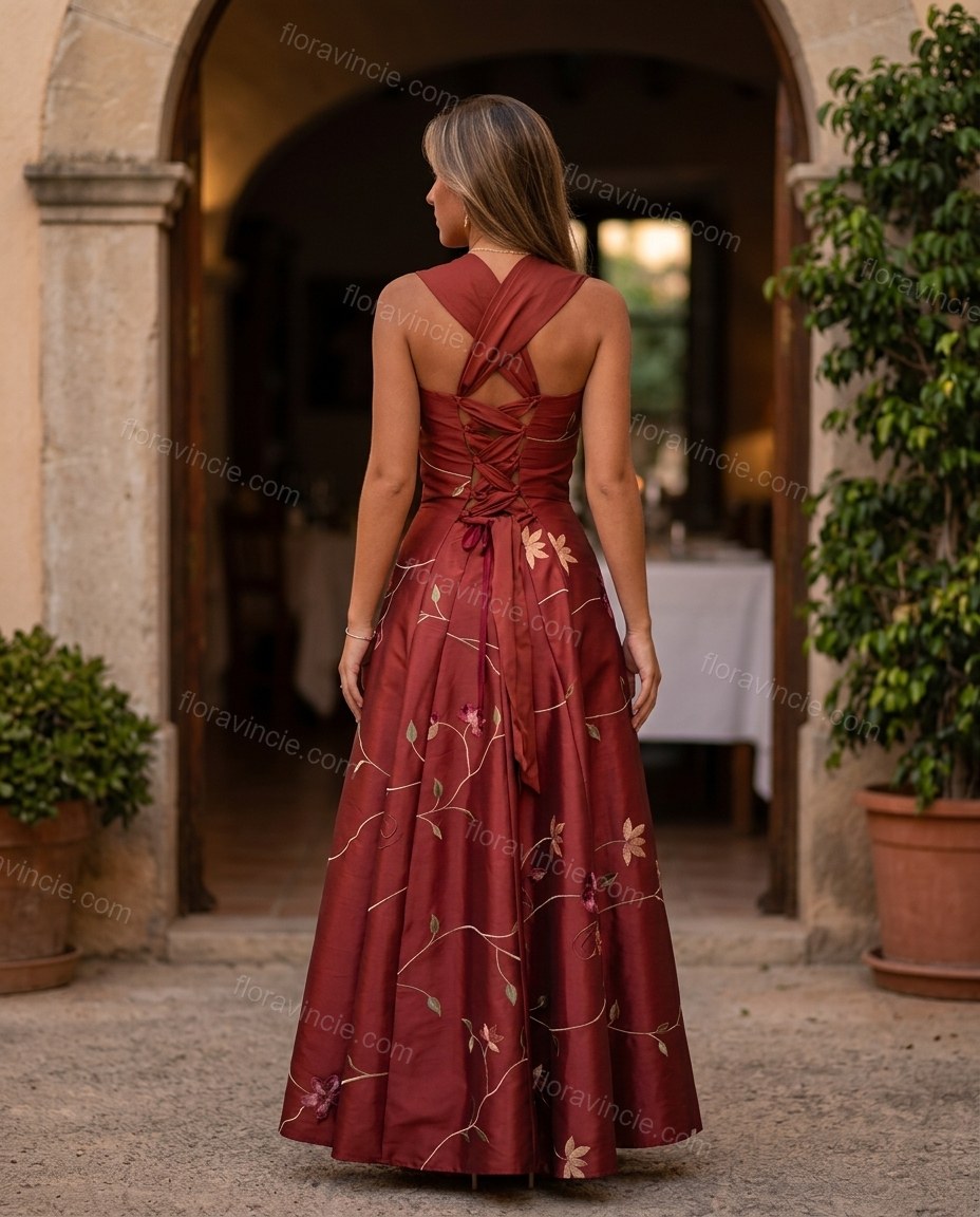 Deep Red Floral Maxi Embroidered Dress, alternate use-case lifestyle view, by Floravincie