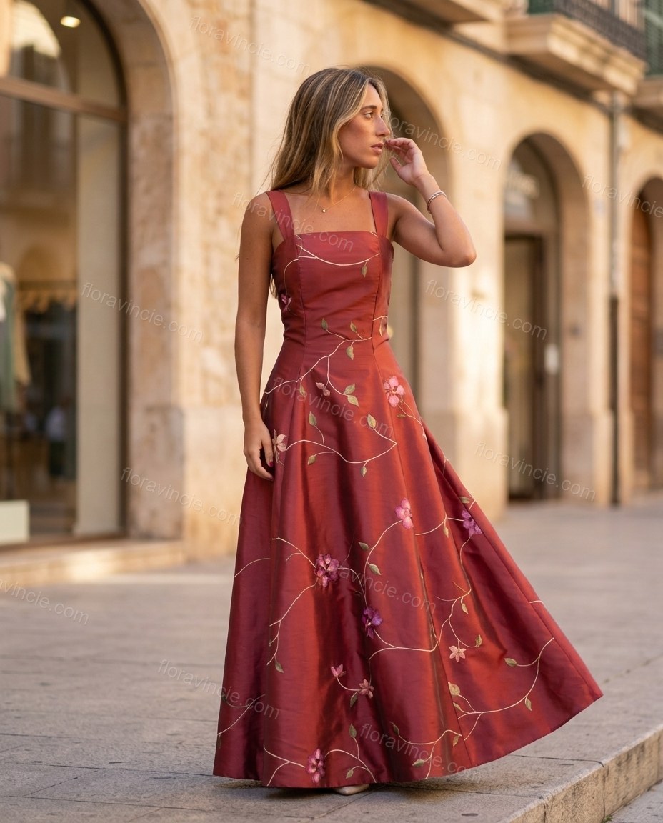 Deep Red Floral Maxi Embroidered Dress, movement and fit lifestyle view, by Floravincie