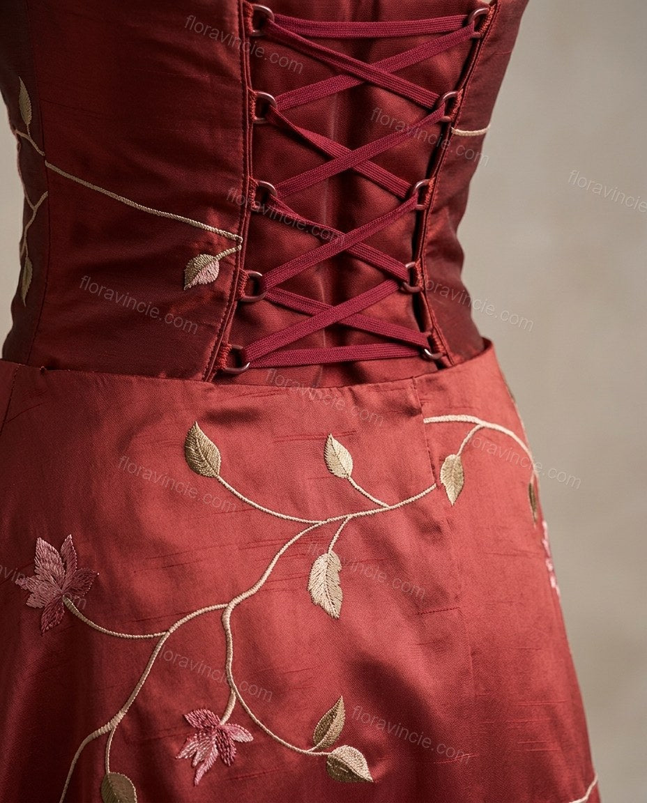 Deep Red Floral Maxi Embroidered Dress, close-up of floral embroidery, by Floravincie