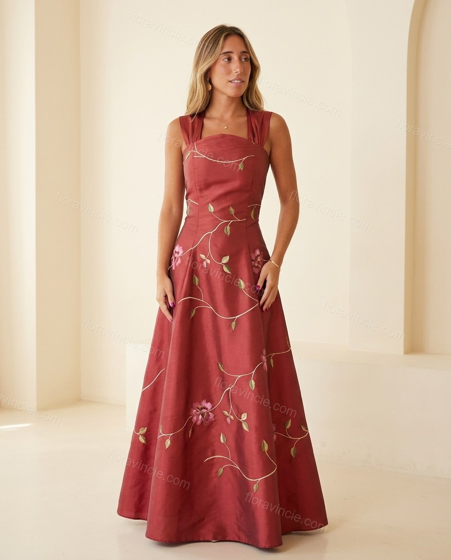 Deep Red Floral Maxi Embroidered Dress, full-length hero view, by Floravincie